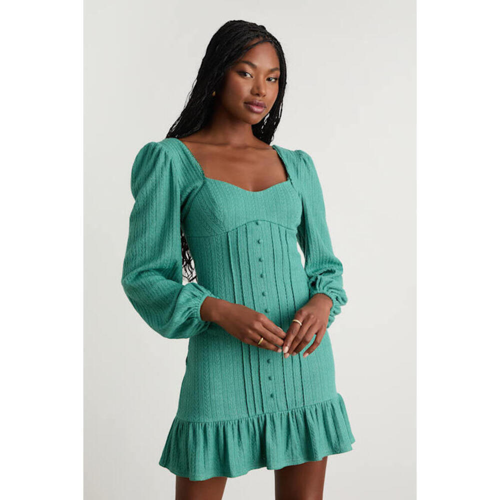 Lulus Coveted Sweetness Teal Pointelle Knit Long Sleeve Mini Dress Green